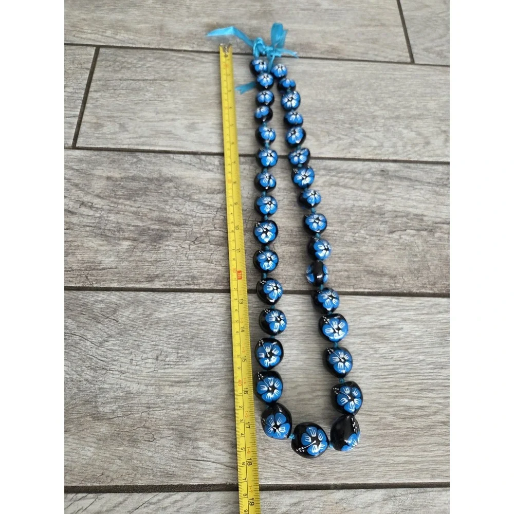 Kukui Nut Lei Hibiscus BLUE Flower Necklace Hawaiian Wedding Luau Graduation